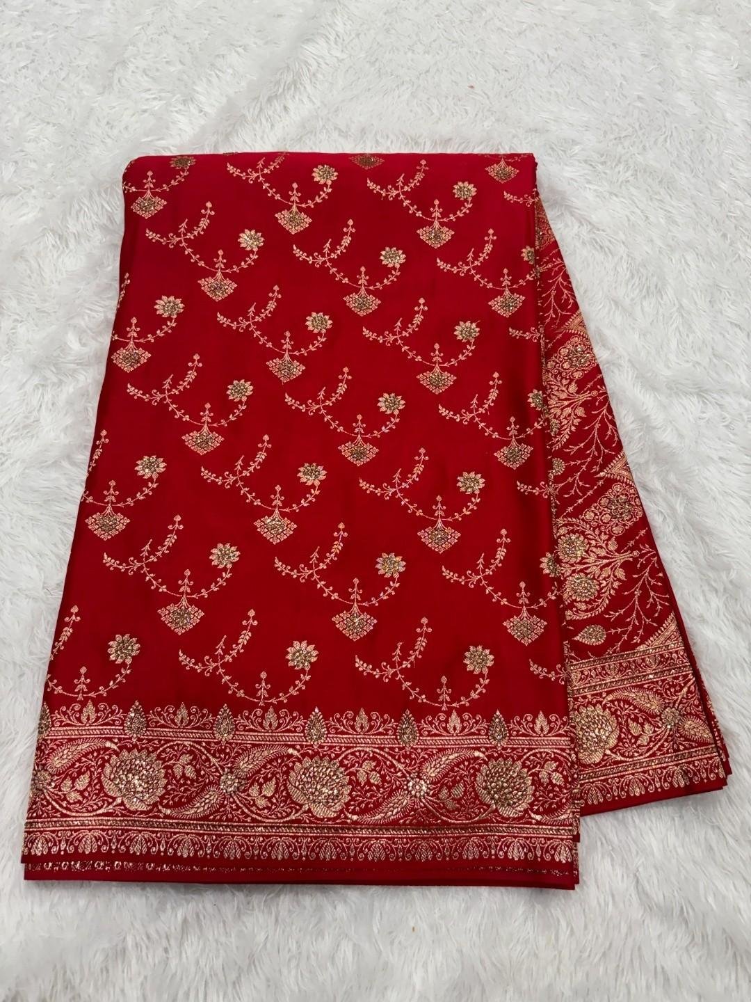 Red Katan Silk Saree and Swarovski Crystals