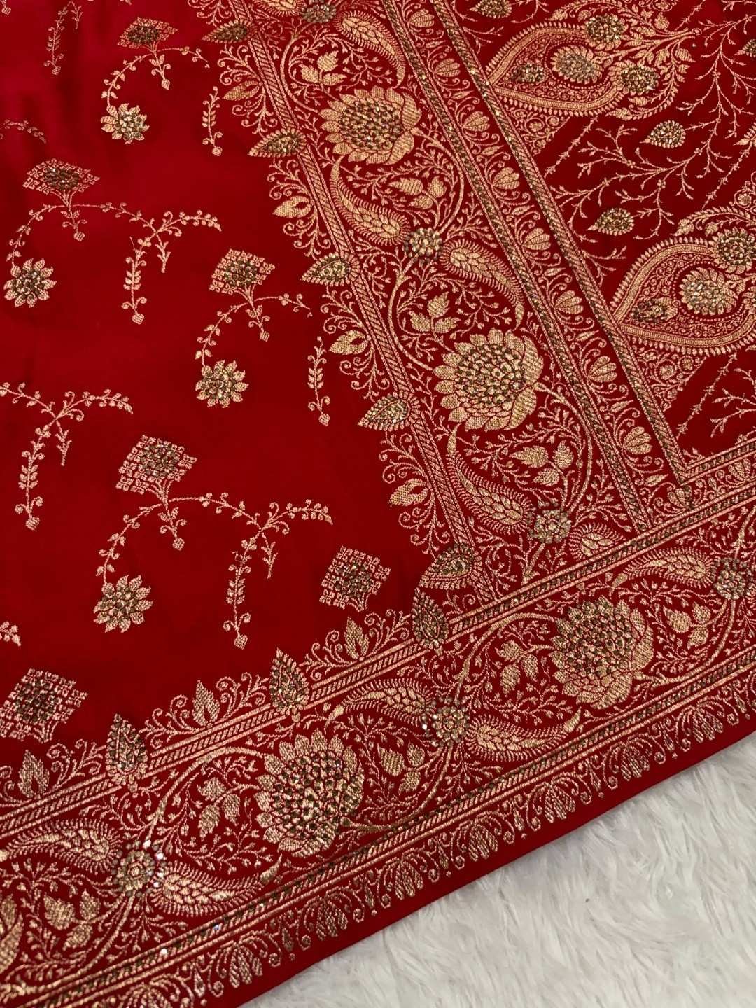 Red Katan Silk Saree and Swarovski Crystals - Image 2