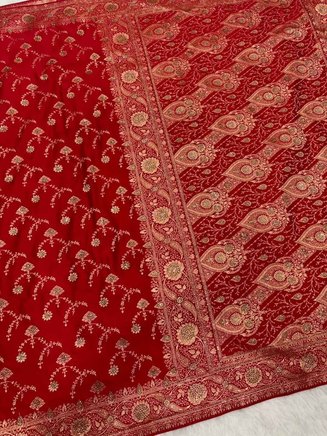 Red Katan Silk Saree and Swarovski Crystals - Image 3