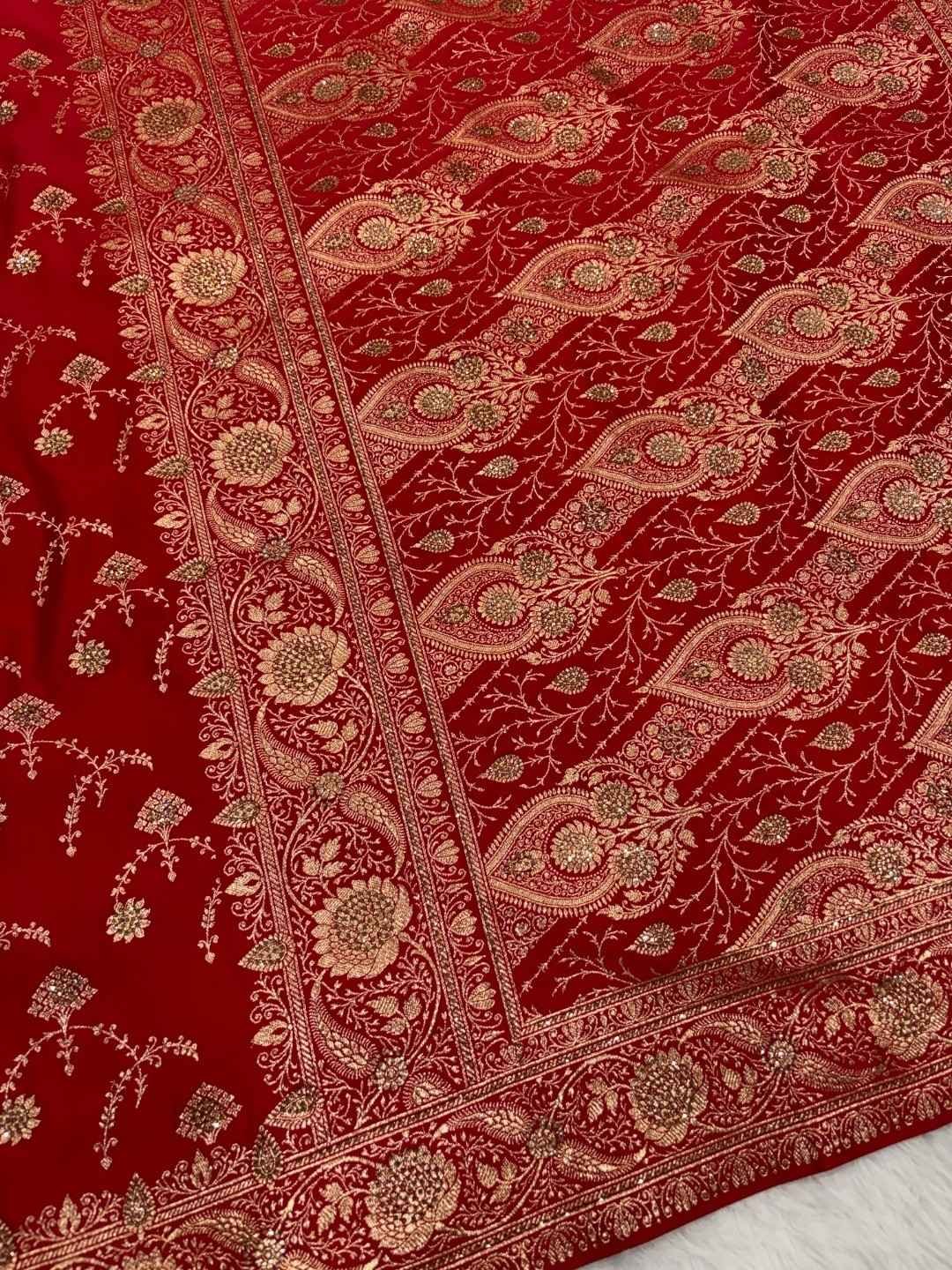 Red Katan Silk Saree and Swarovski Crystals - Image 4
