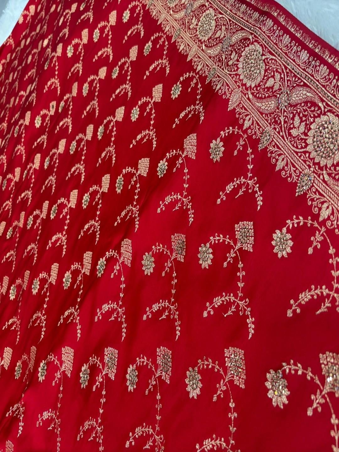 Red Katan Silk Saree and Swarovski Crystals - Image 6