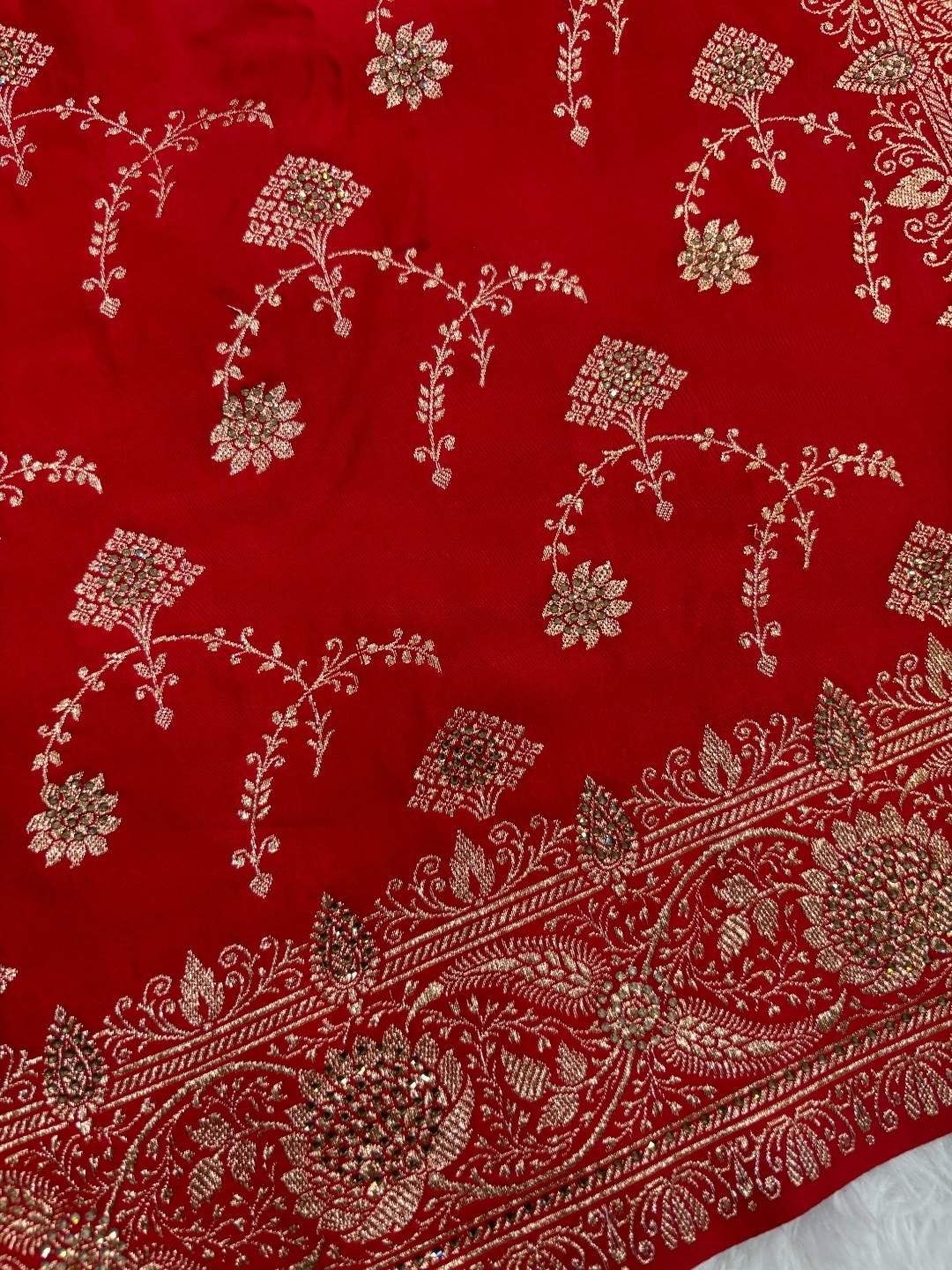 Red Katan Silk Saree and Swarovski Crystals - Image 7