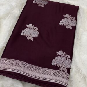 Coffee Banarasi Mashru Alfi Satin Silk Saree.