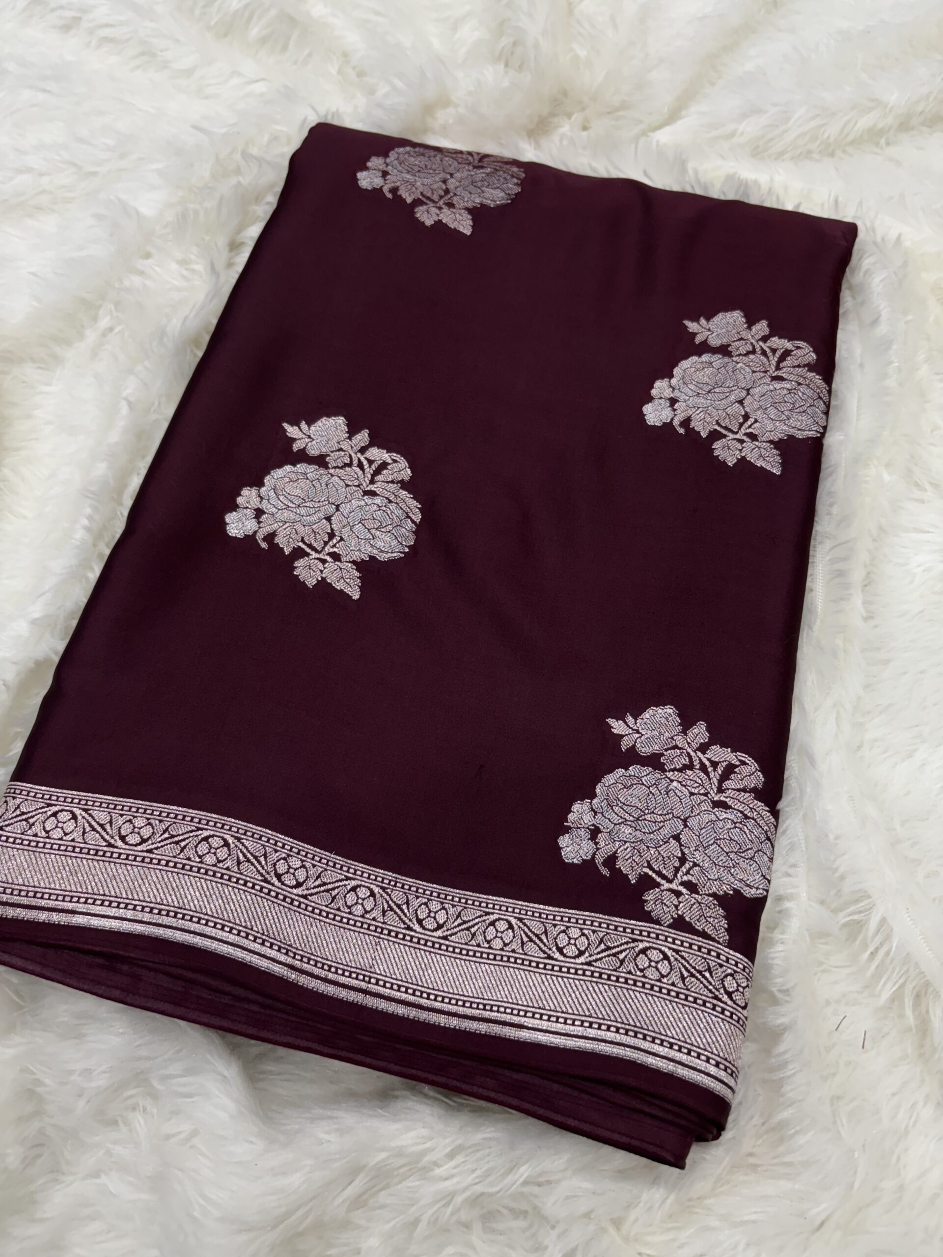 Coffee Banarasi Mashru Alfi Satin Silk Saree.