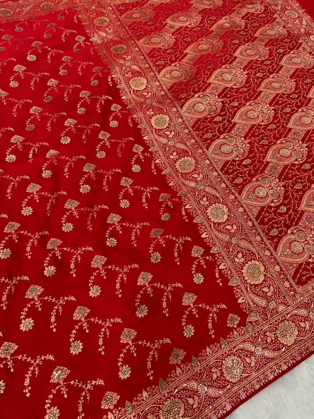 Red Katan Silk Saree and Swarovski Crystals - Image 8