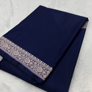 Navy Blue Plain Mashru Silk Saree