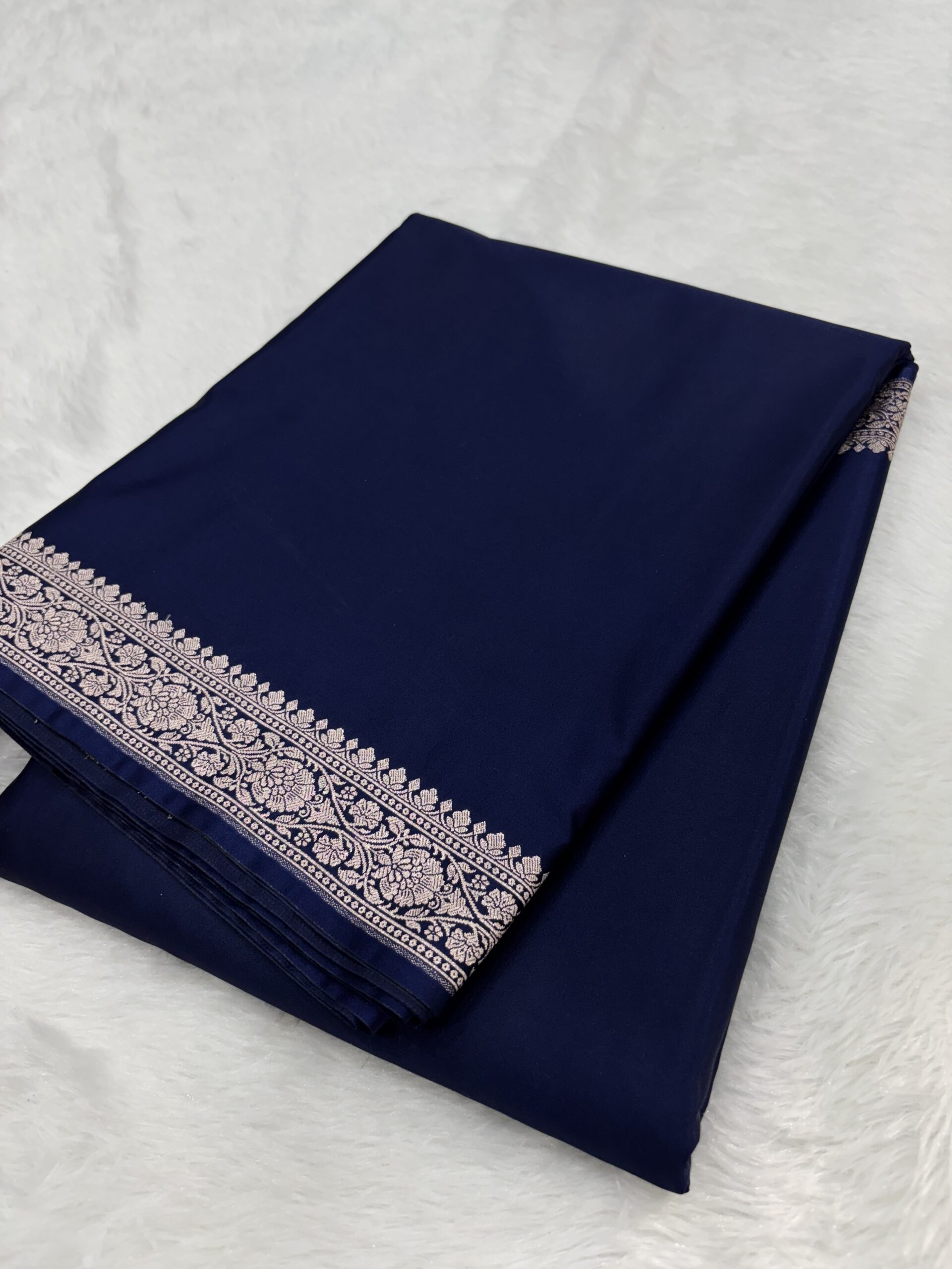 Navy Blue Plain Mashru Silk Saree