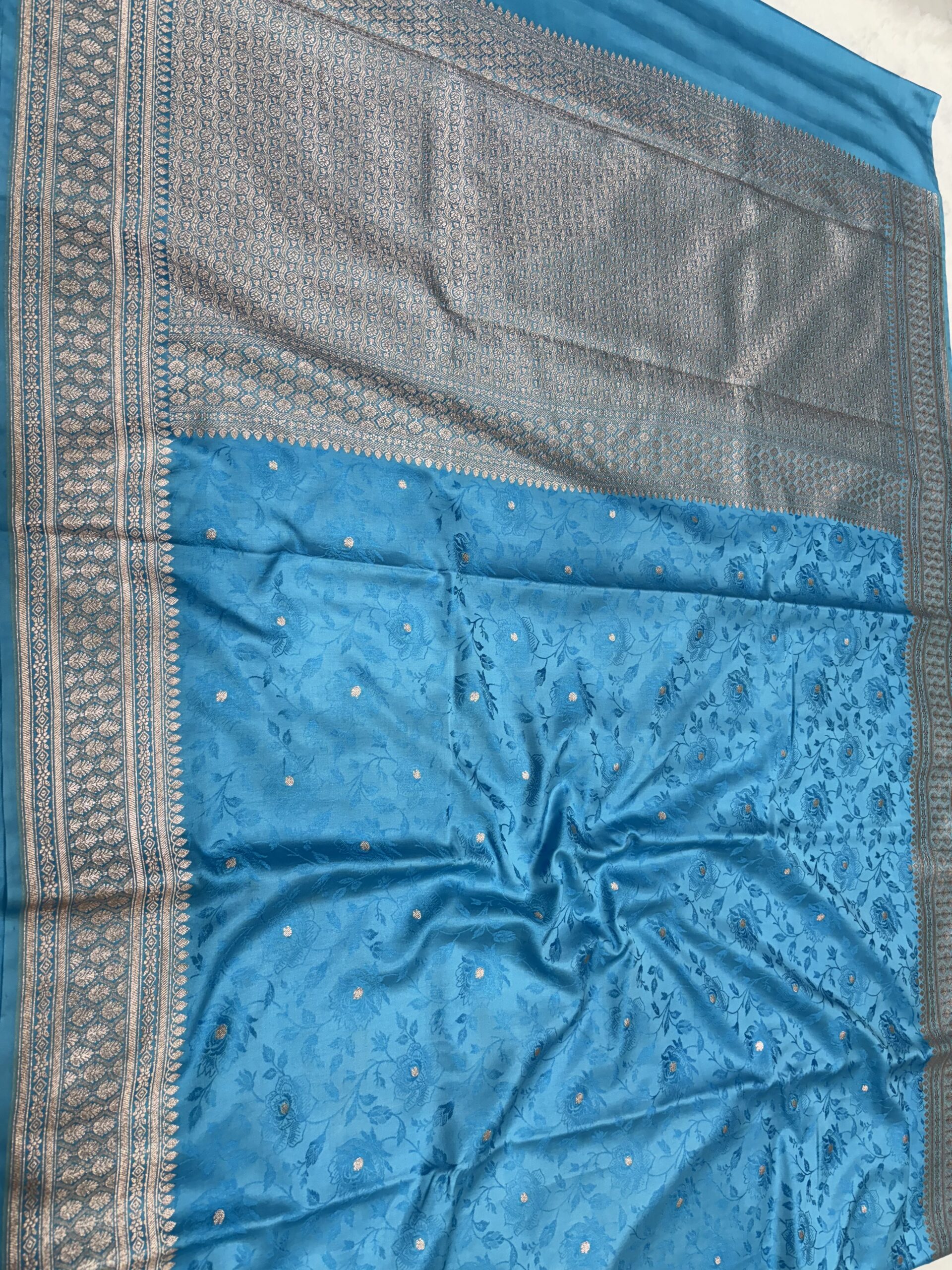 Sky Blue Mashru Silk Tanchoi Saree - Image 5