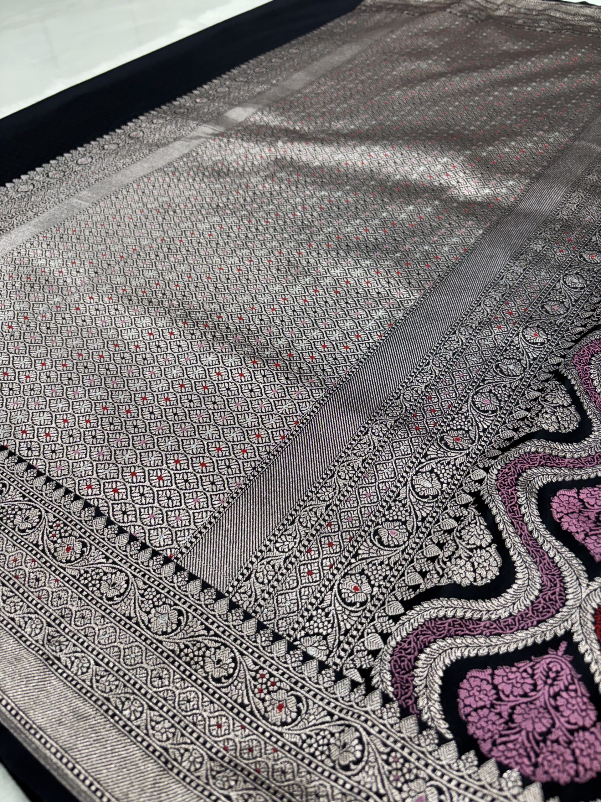 Black Katan Silk Banarasi Saree | Meenakari Work - Image 4