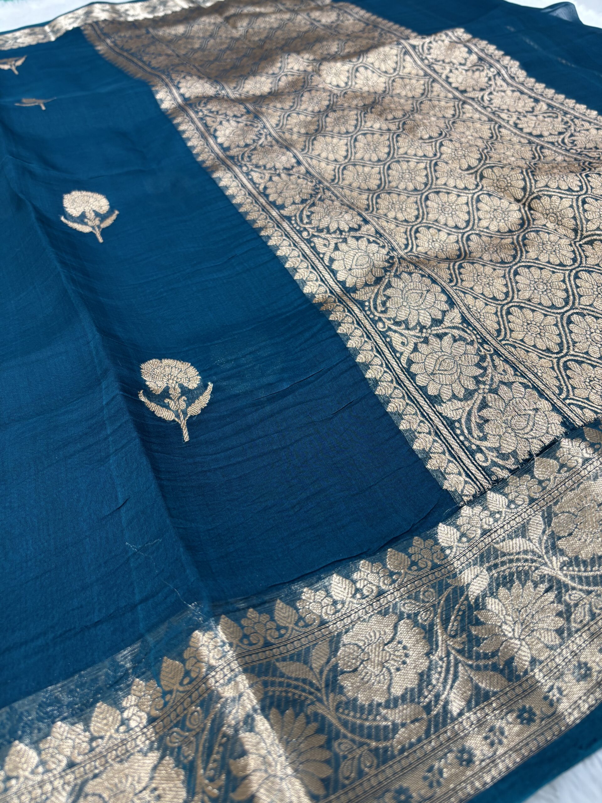 Pure Banarasi Organza Saree - Royal Jarman Blue Shades - Image 3