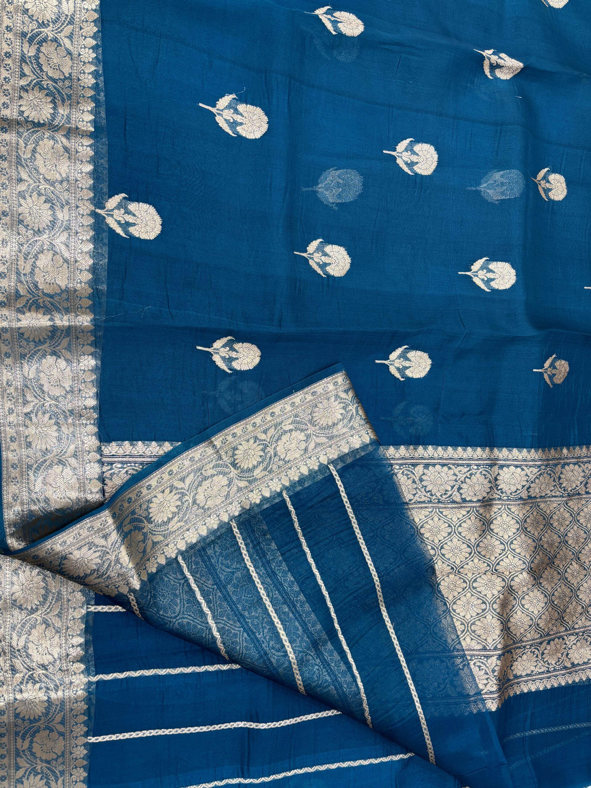 Pure Banarasi Organza Saree - Royal Jarman Blue Shades - Image 7