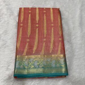 Pure Tussar Peach & Sea Green Contrast Banarasi Saree