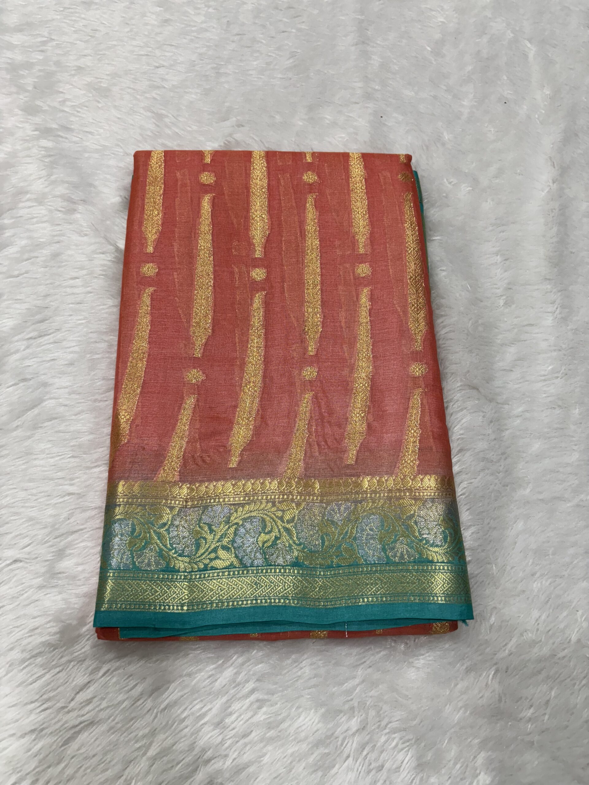 Pure Tussar Peach & Sea Green Contrast Banarasi Saree
