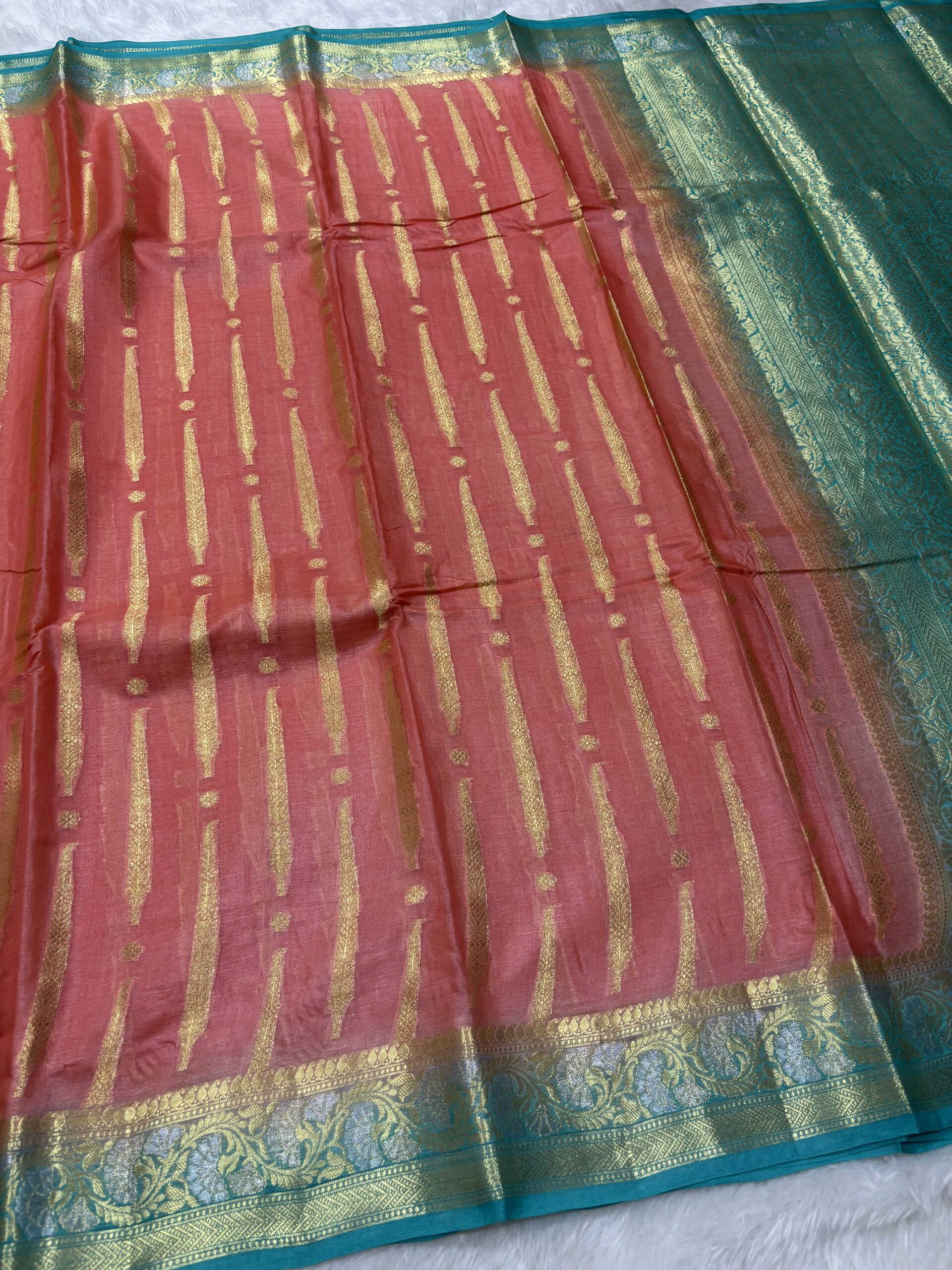 Exclusive Pure Tussar Peach & Sea Green Contrast Banarasi Saree - Image 4