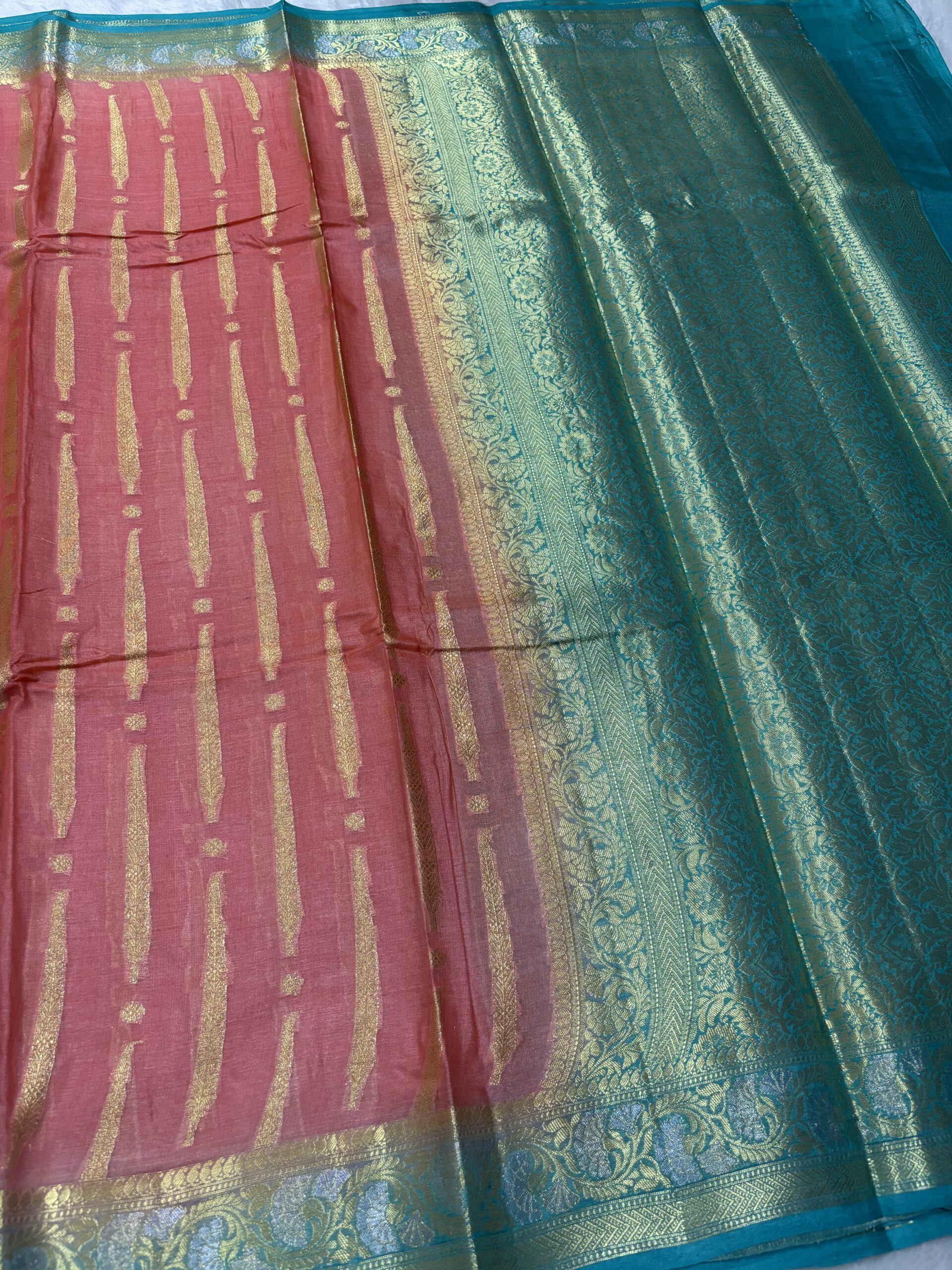 Exclusive Pure Tussar Peach & Sea Green Contrast Banarasi Saree - Image 3