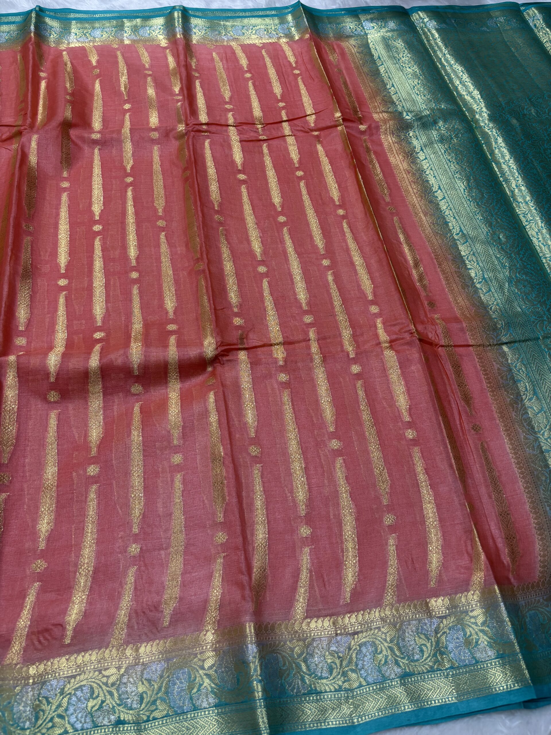 Exclusive Pure Tussar Peach & Sea Green Contrast Banarasi Saree - Image 2