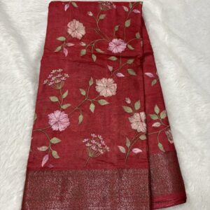 Pure Tussar Maroon Pashmina Embroidery Saree