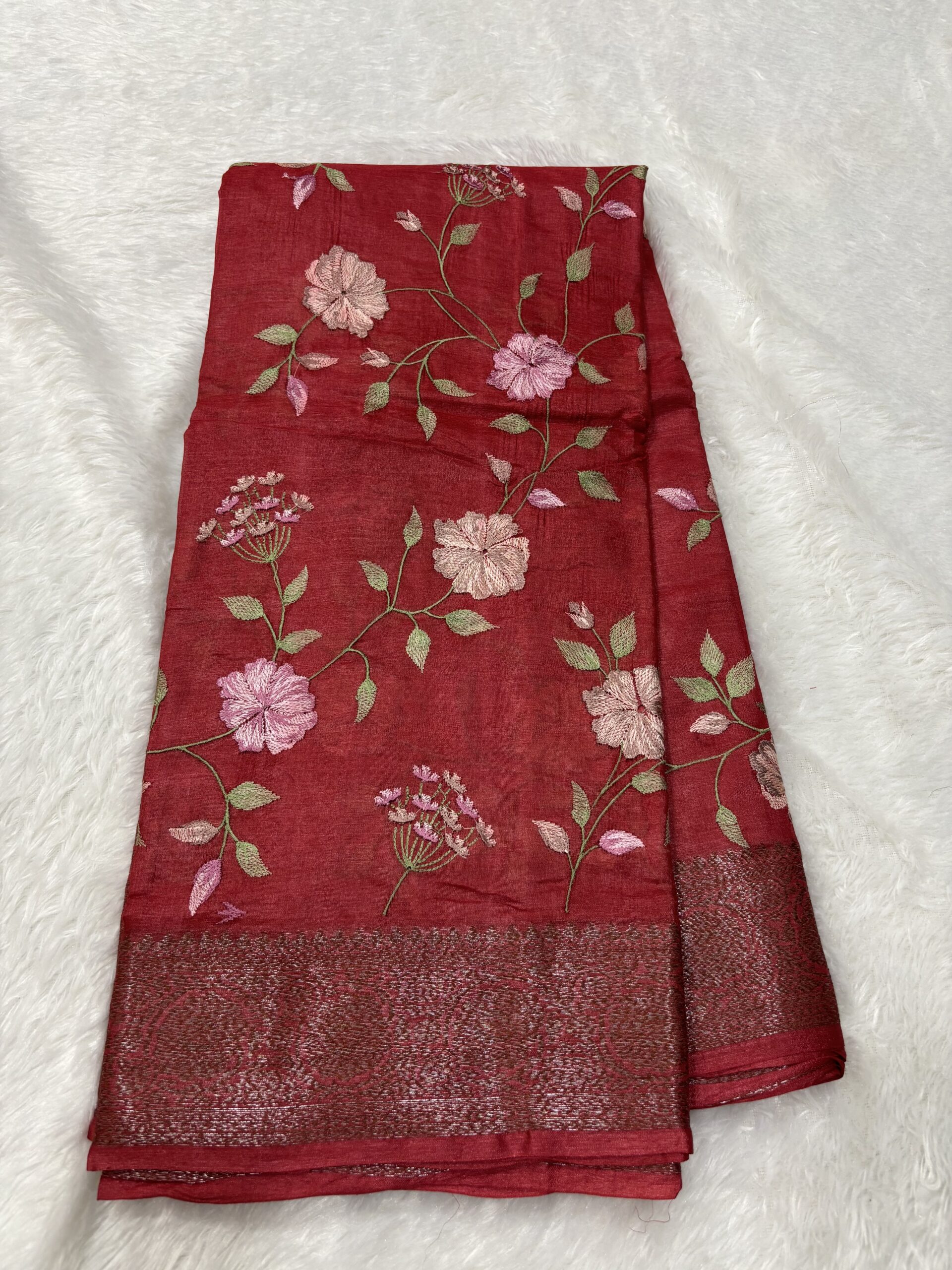 Pure Tussar Maroon Pashmina Embroidery Saree