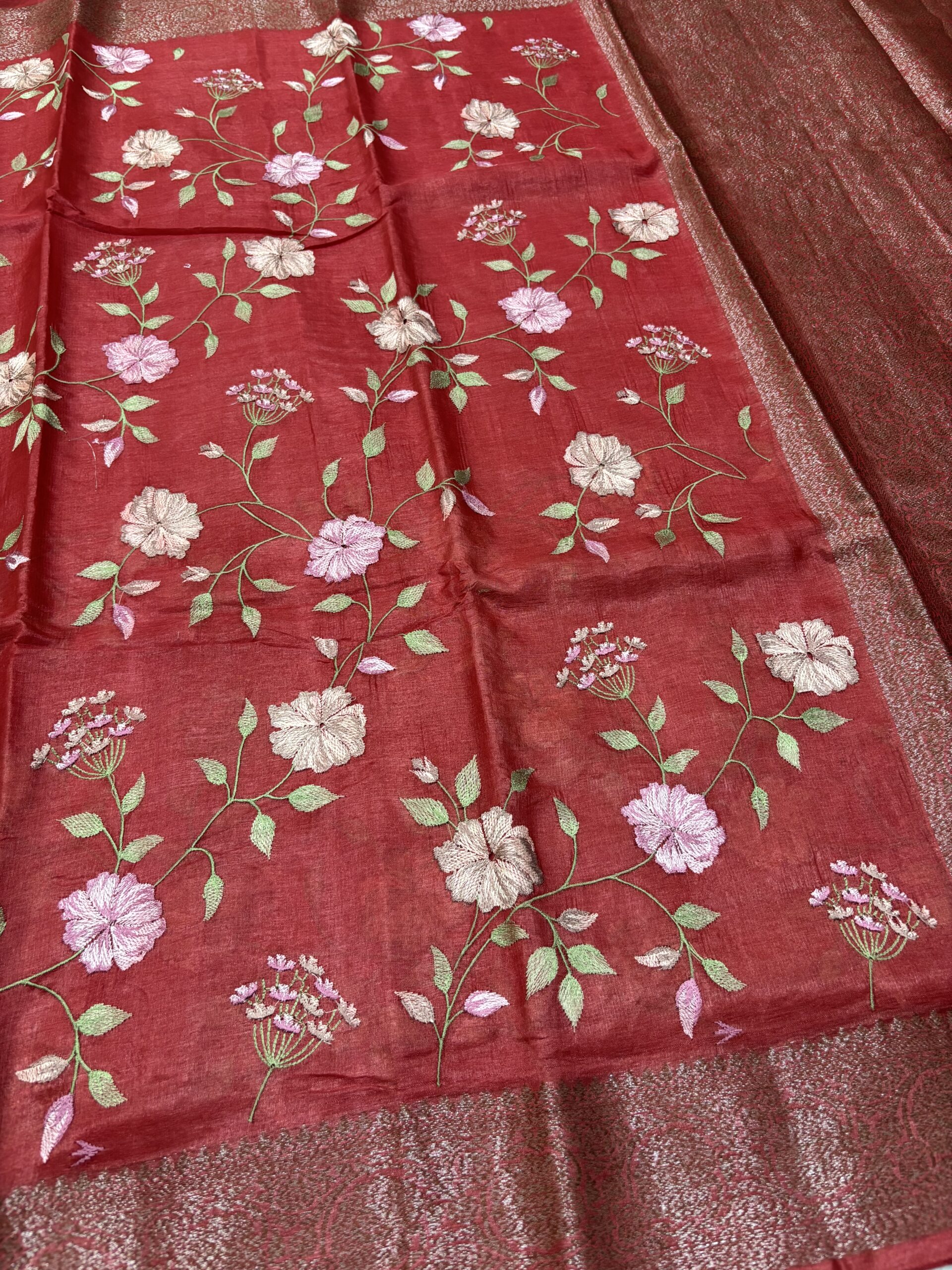 Exclusive Pure Tussar Maroon Pashmina Embroidery Saree - Image 2
