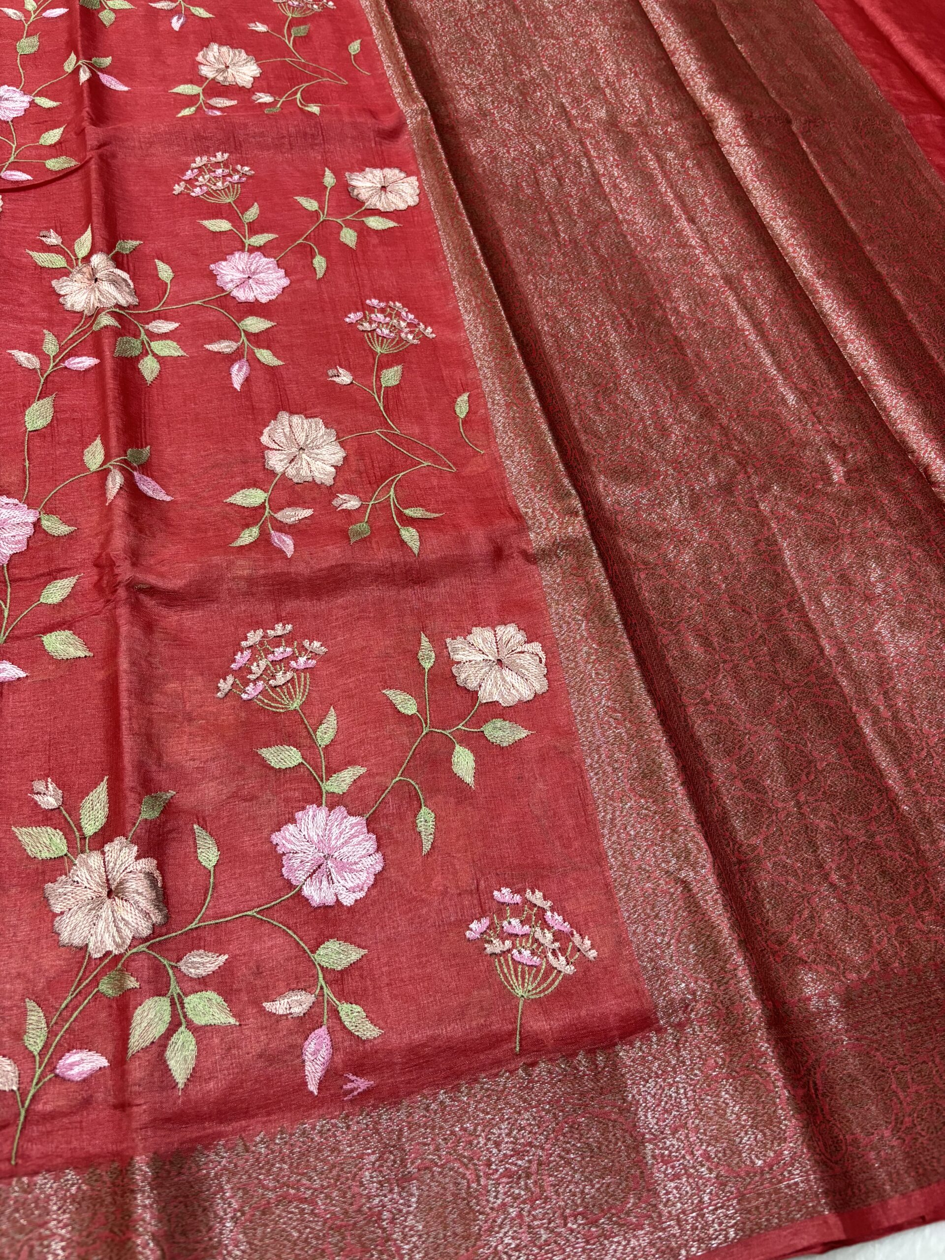 Exclusive Pure Tussar Maroon Pashmina Embroidery Saree - Image 3