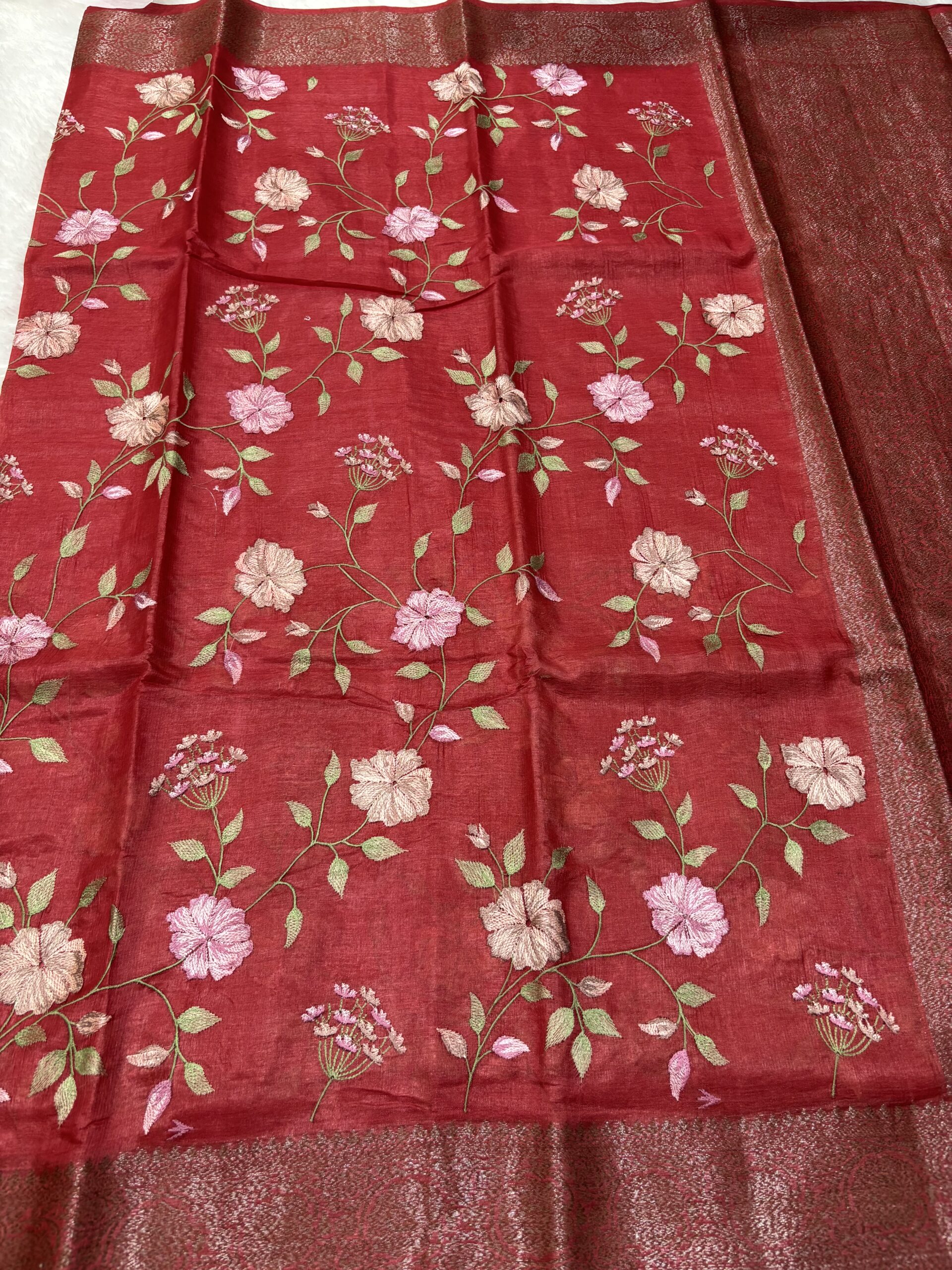 Exclusive Pure Tussar Maroon Pashmina Embroidery Saree - Image 4