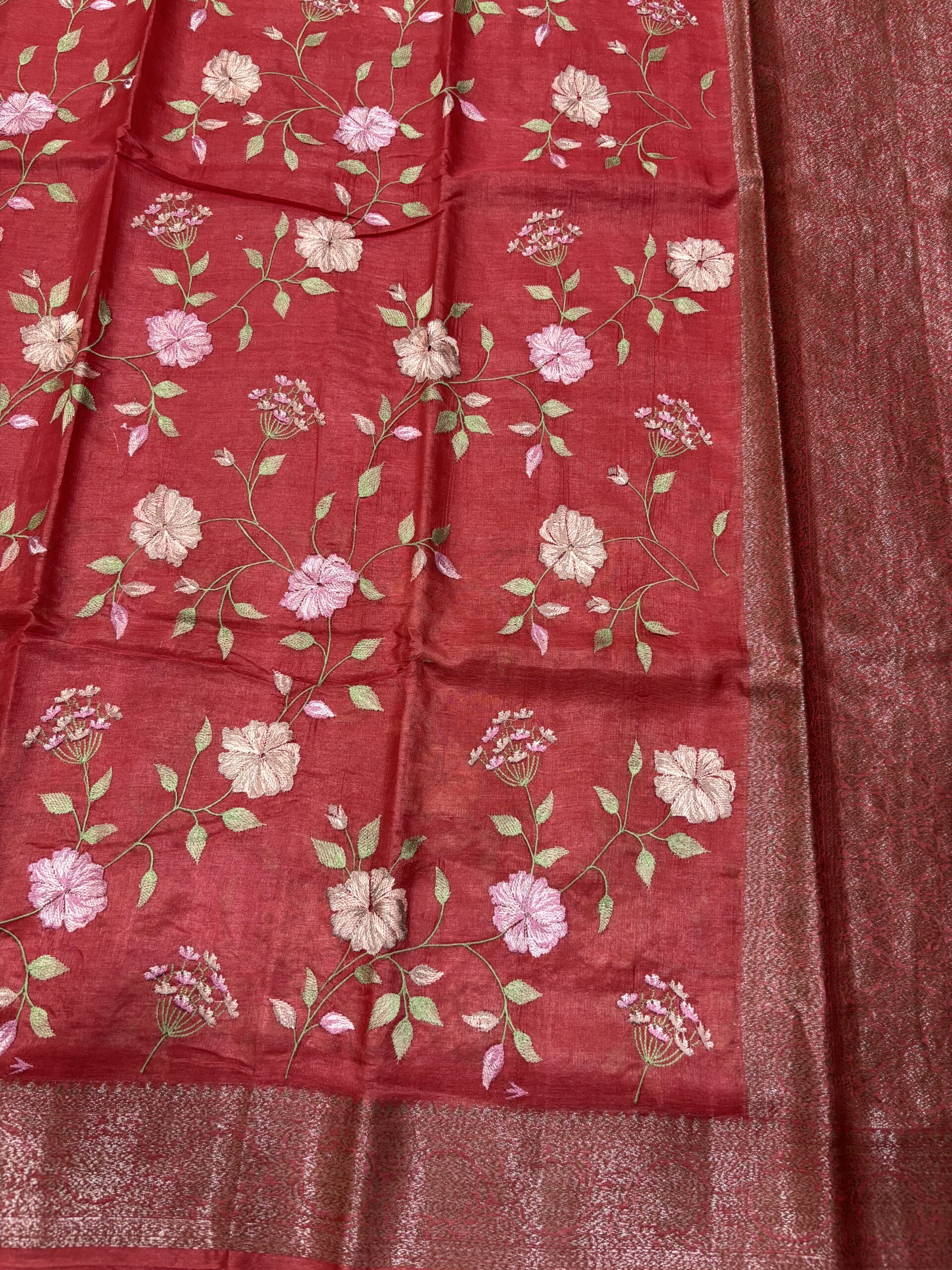 Exclusive Pure Tussar Maroon Pashmina Embroidery Saree - Image 6