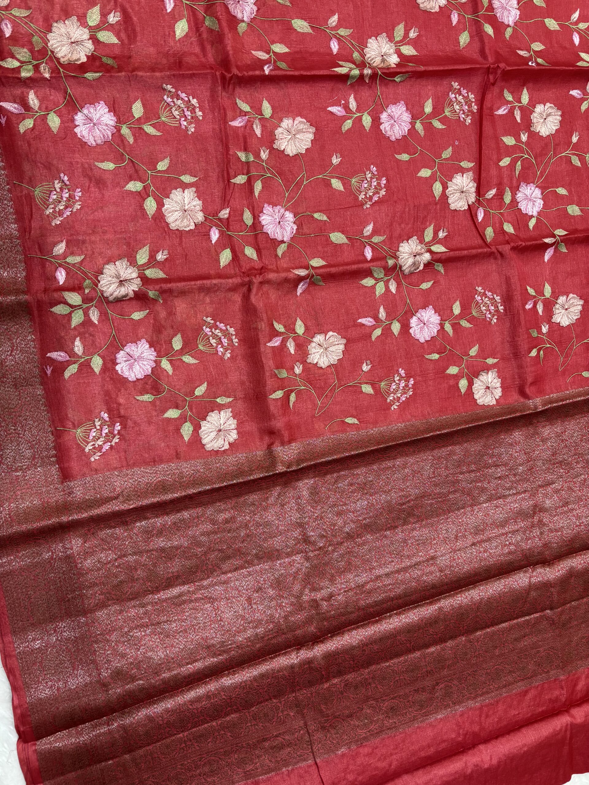 Exclusive Pure Tussar Maroon Pashmina Embroidery Saree - Image 7