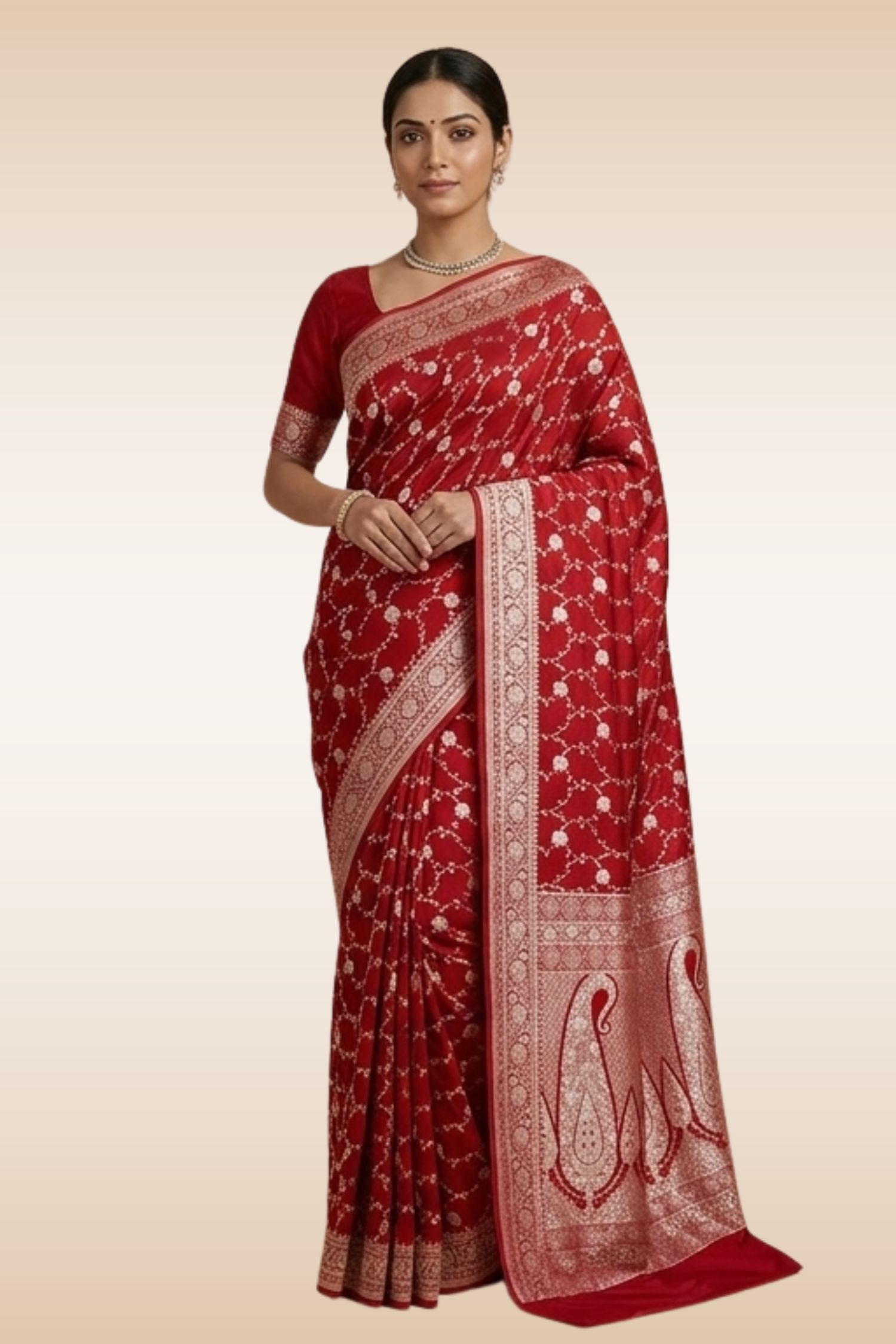 Glosy Maroon Mashru Silk Banarasi Saree | Gold Zari Jal Work - Image 6
