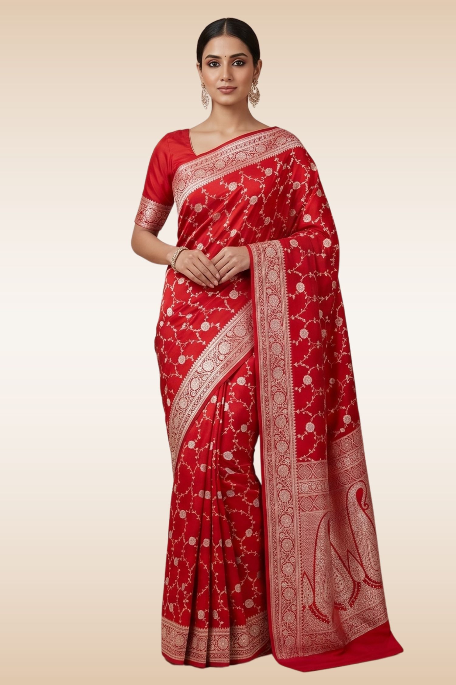 Rose Red Mashru Silk Banarasi Saree | Gold Zari Jal Work - Image 7