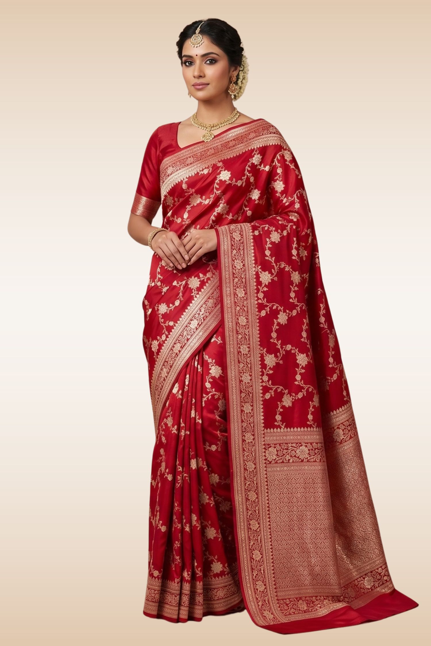 Maroon Mashru Silk Banarasi Saree | Gold Zari Jal Work - Image 6