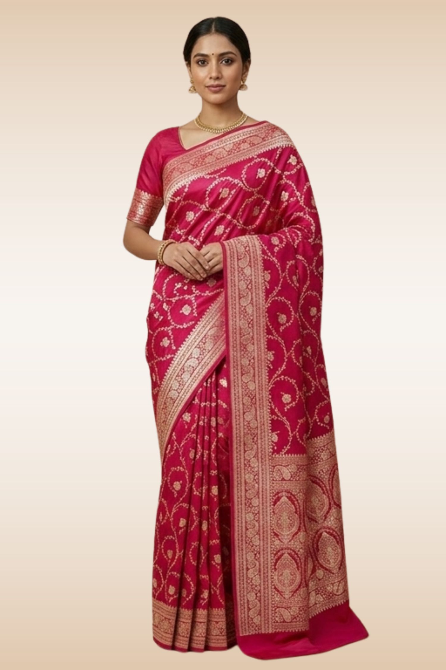 Rani Pink Mashru Silk Banarasi Saree | Gold Zari Jal Work - Image 6