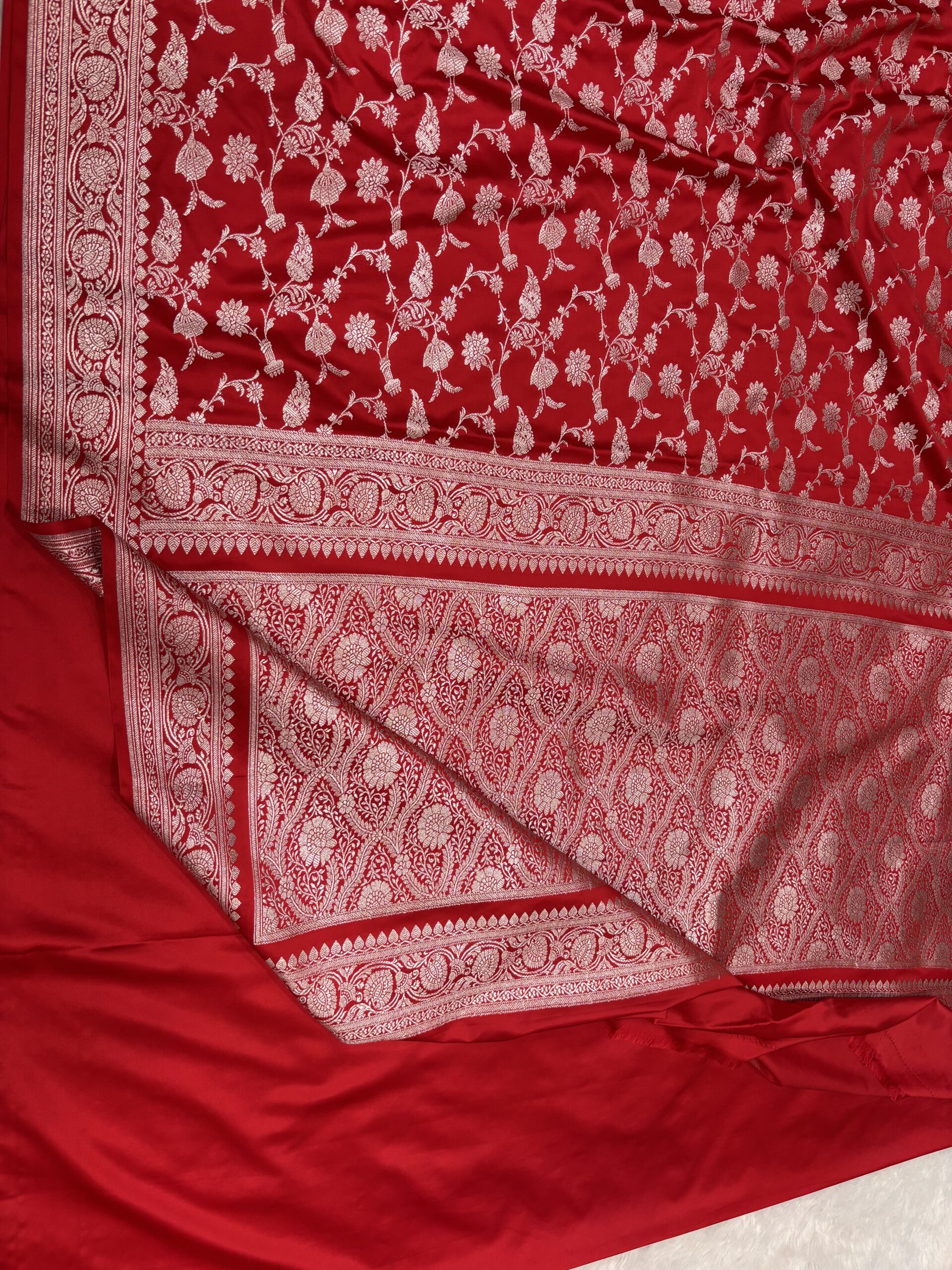 Red Mashru Silk Banarasi Saree | Handwoven Gold Zari Jal Work - Image 6