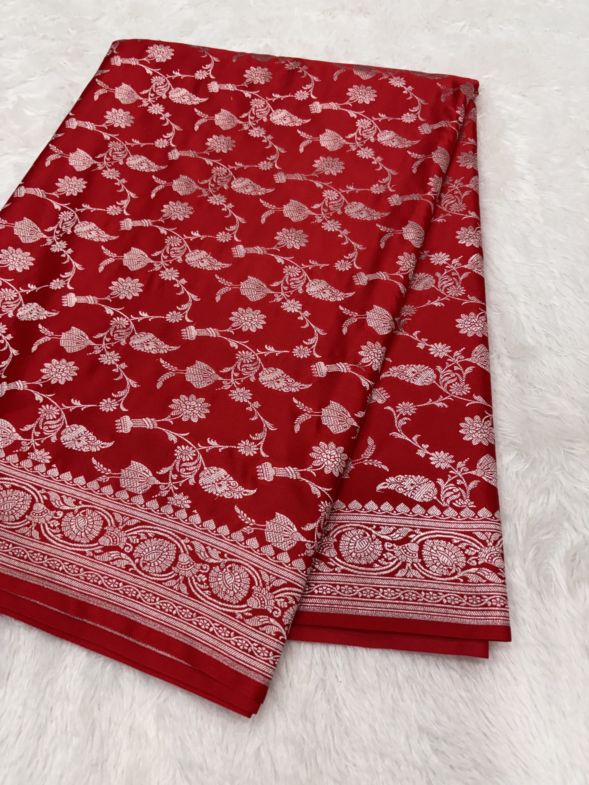 Red Mashru Silk Banarasi Saree with Gold Zari Jal Work