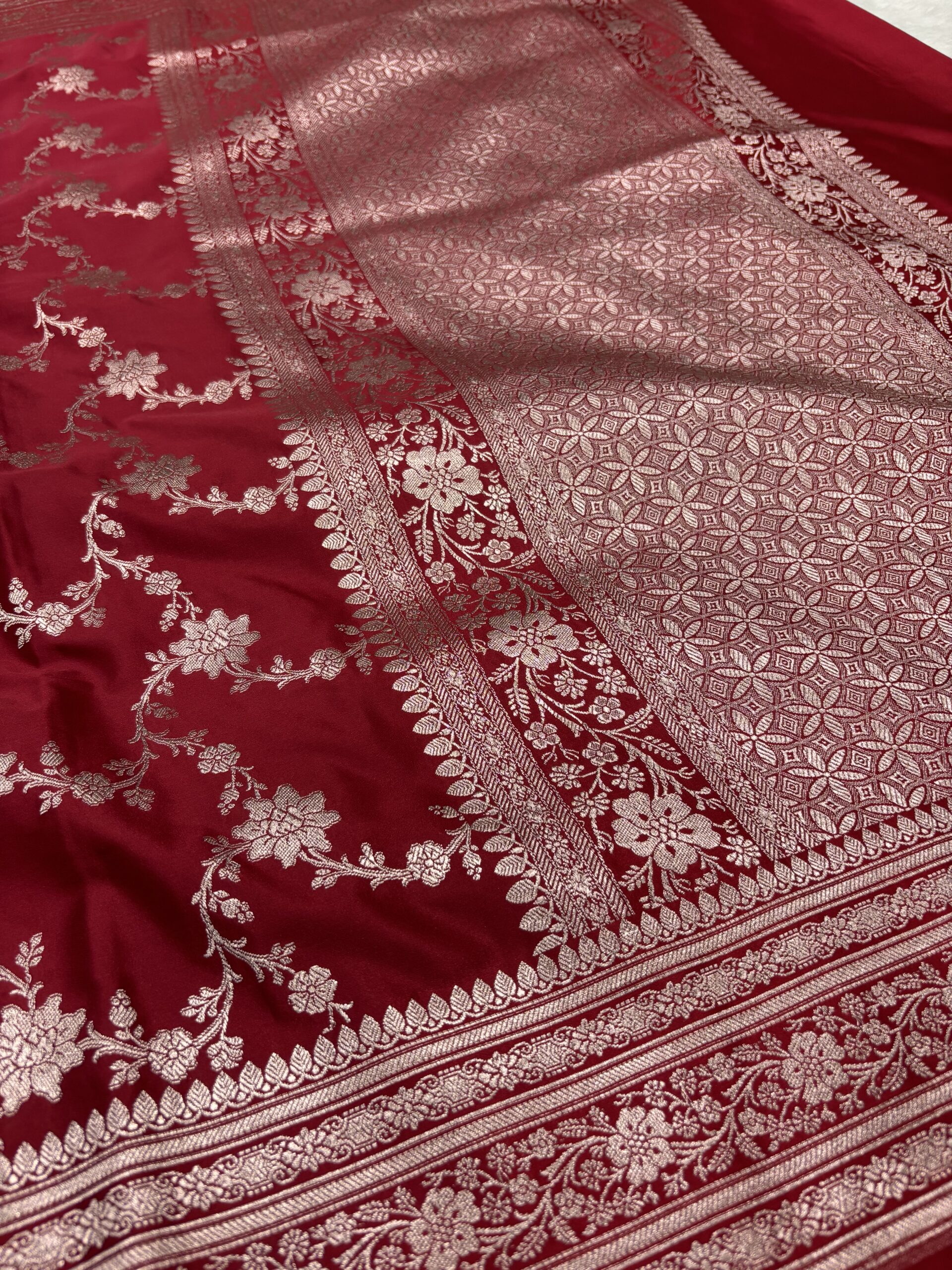 Maroon Mashru Silk Banarasi Saree | Gold Zari Jal Work - Image 3