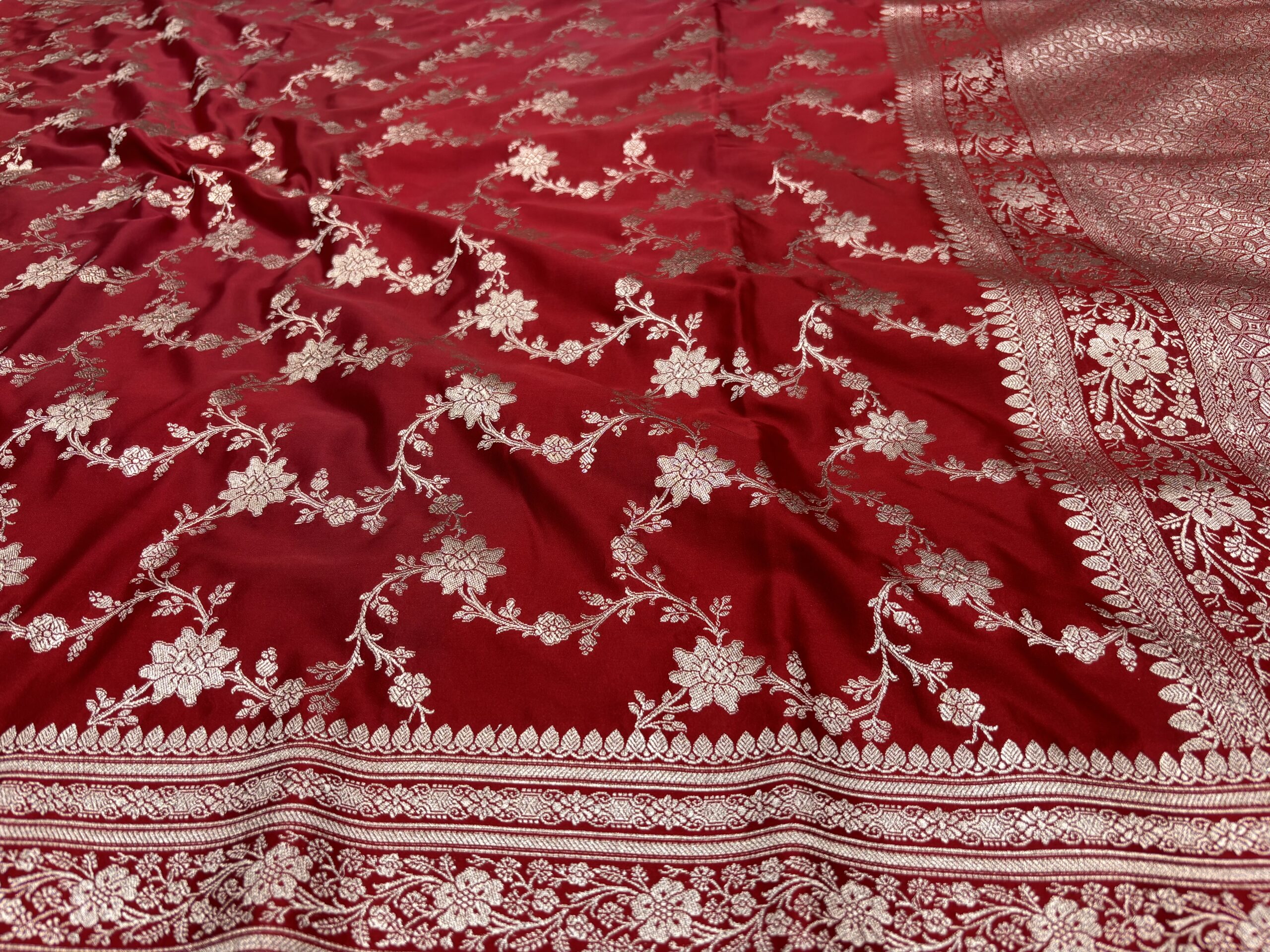 Maroon Mashru Silk Banarasi Saree | Gold Zari Jal Work - Image 4