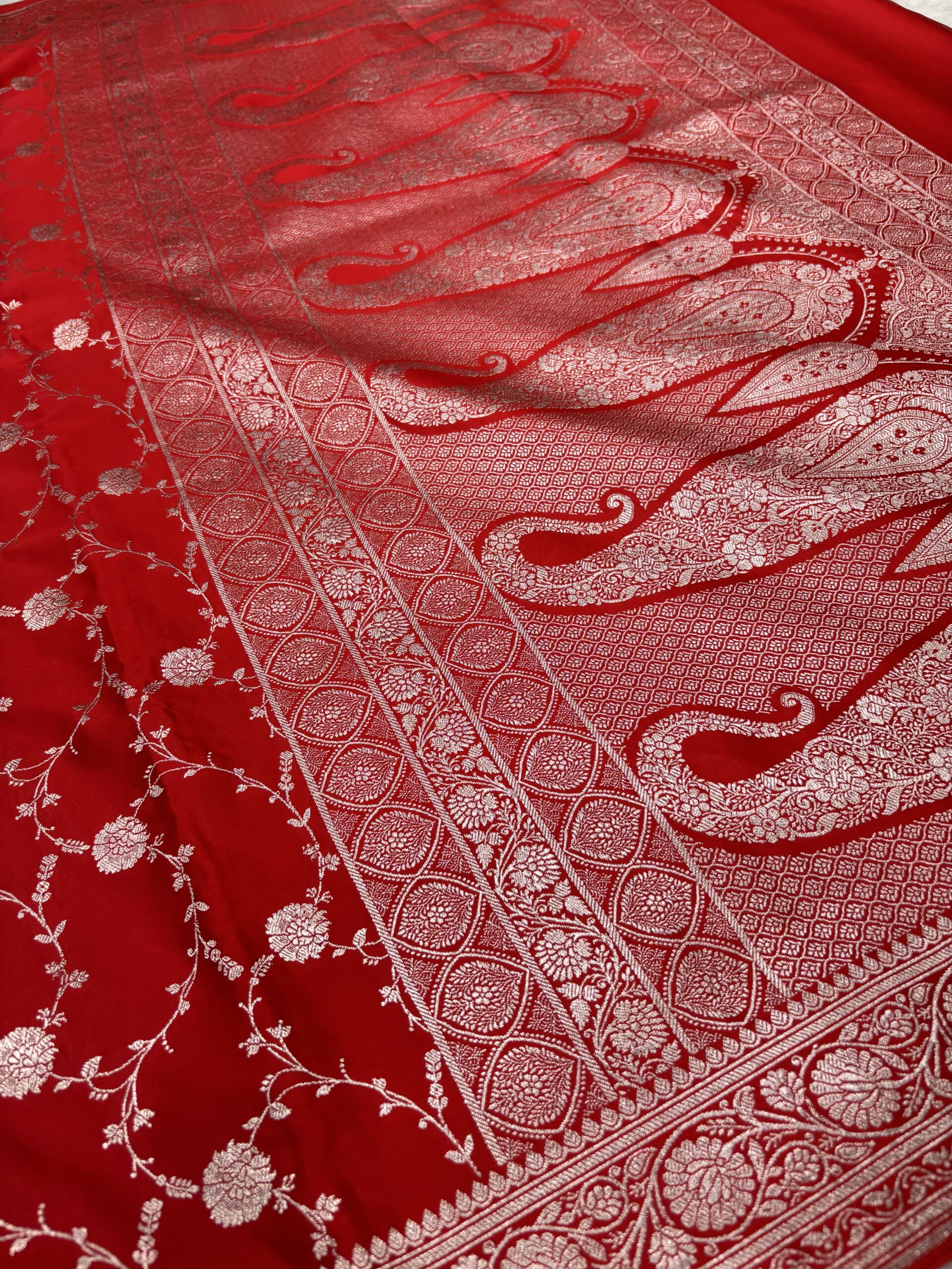 Rose Red Mashru Silk Banarasi Saree | Gold Zari Jal Work - Image 4
