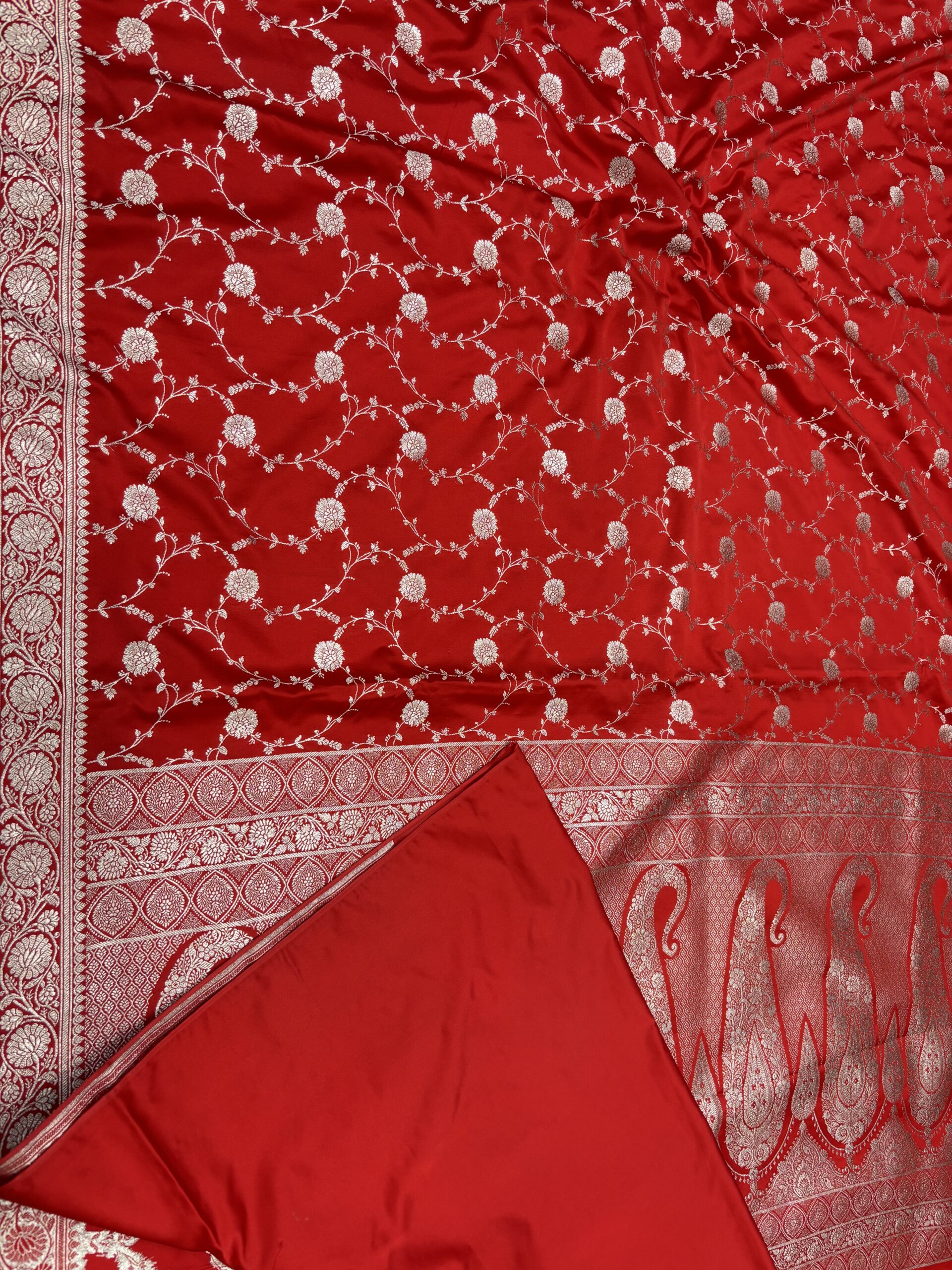 Rose Red Mashru Silk Banarasi Saree | Gold Zari Jal Work - Image 6