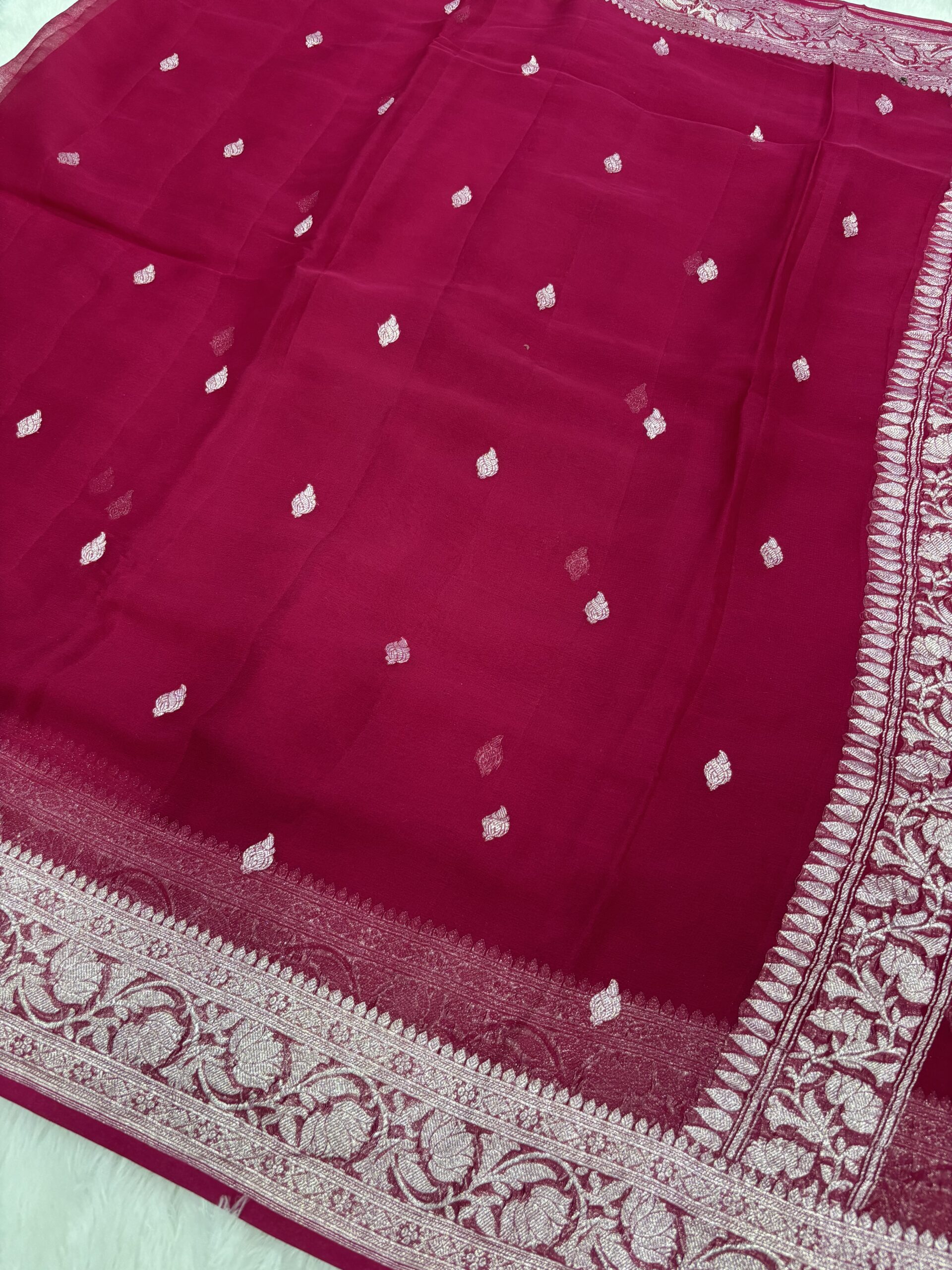 Rani Pink Khaddi Chiffon Banarasi Saree with Silver Zari Kadwa Booti - Image 7