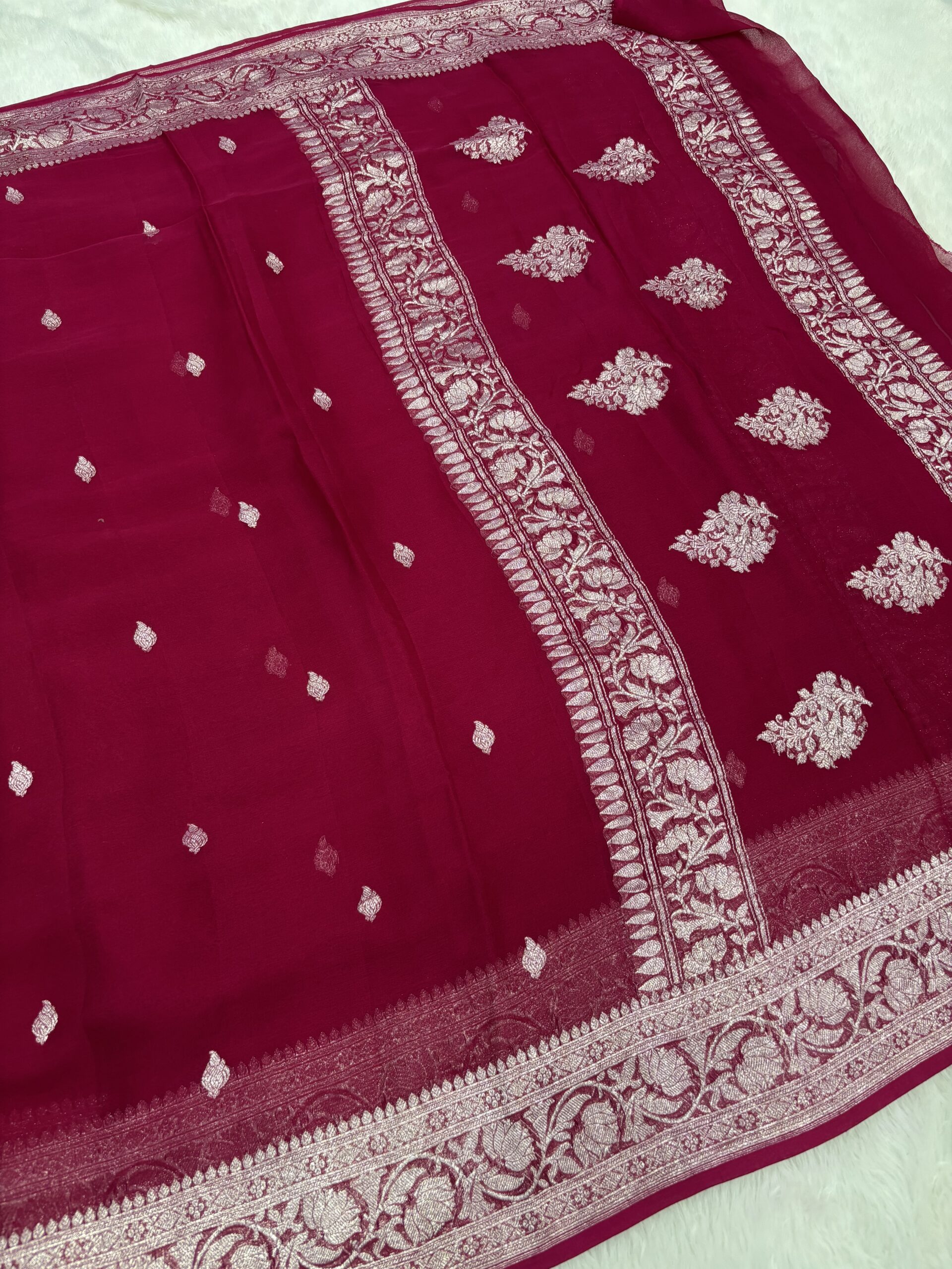 Rani Pink Khaddi Chiffon Banarasi Saree with Silver Zari Kadwa Booti - Image 6