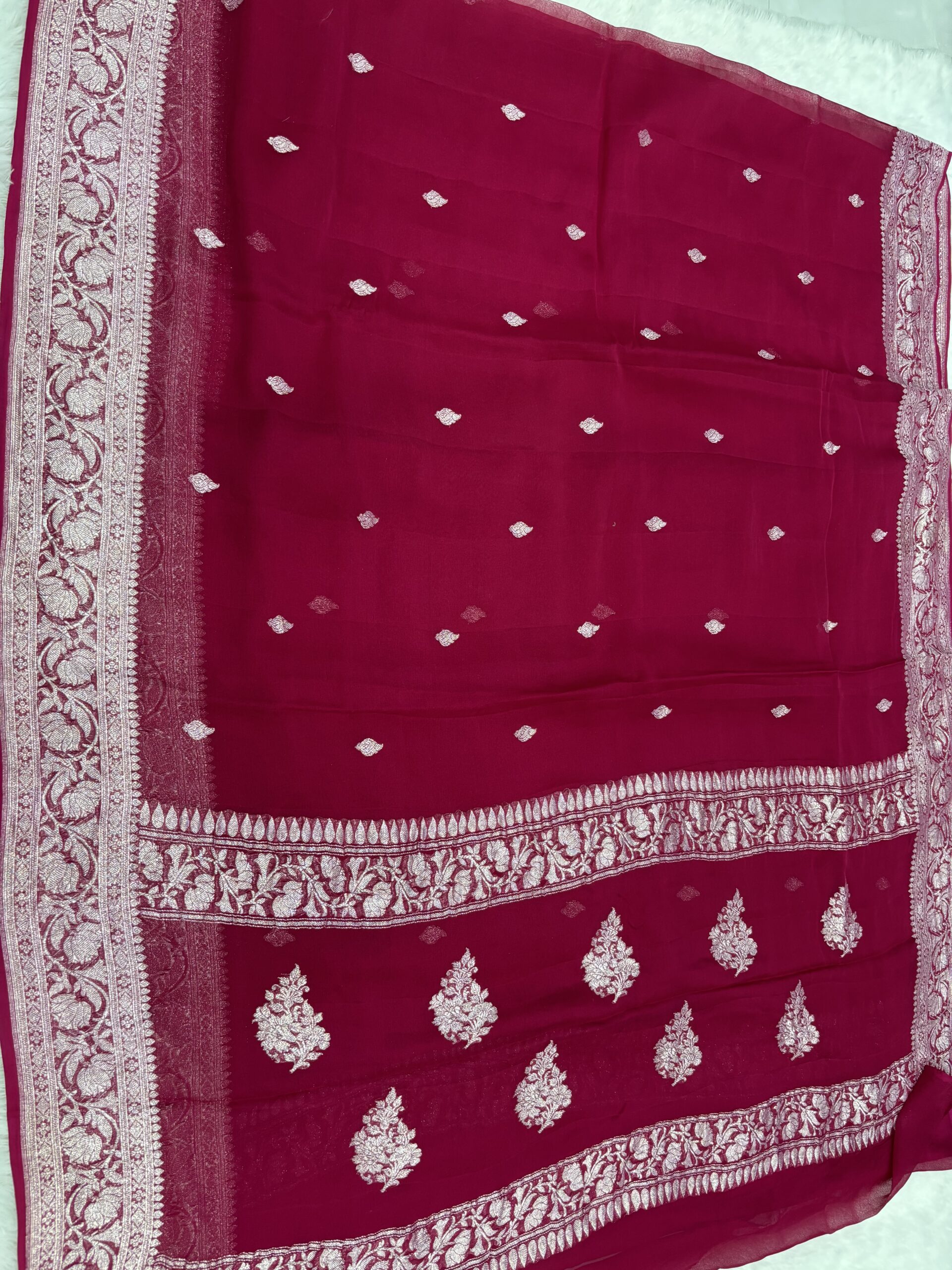 Rani Pink Khaddi Chiffon Banarasi Saree with Silver Zari Kadwa Booti - Image 5
