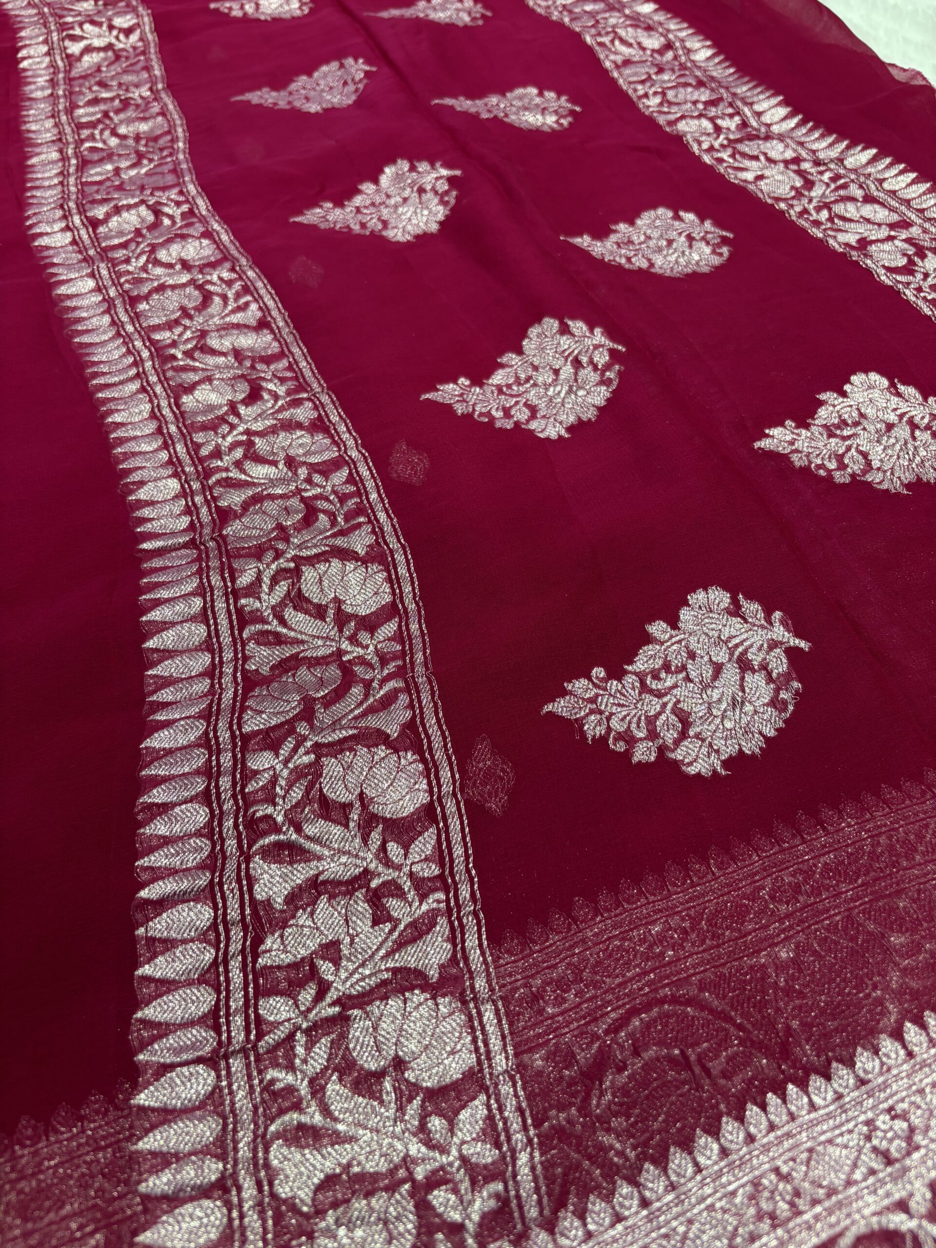 Rani Pink Khaddi Chiffon Banarasi Saree with Silver Zari Kadwa Booti - Image 4