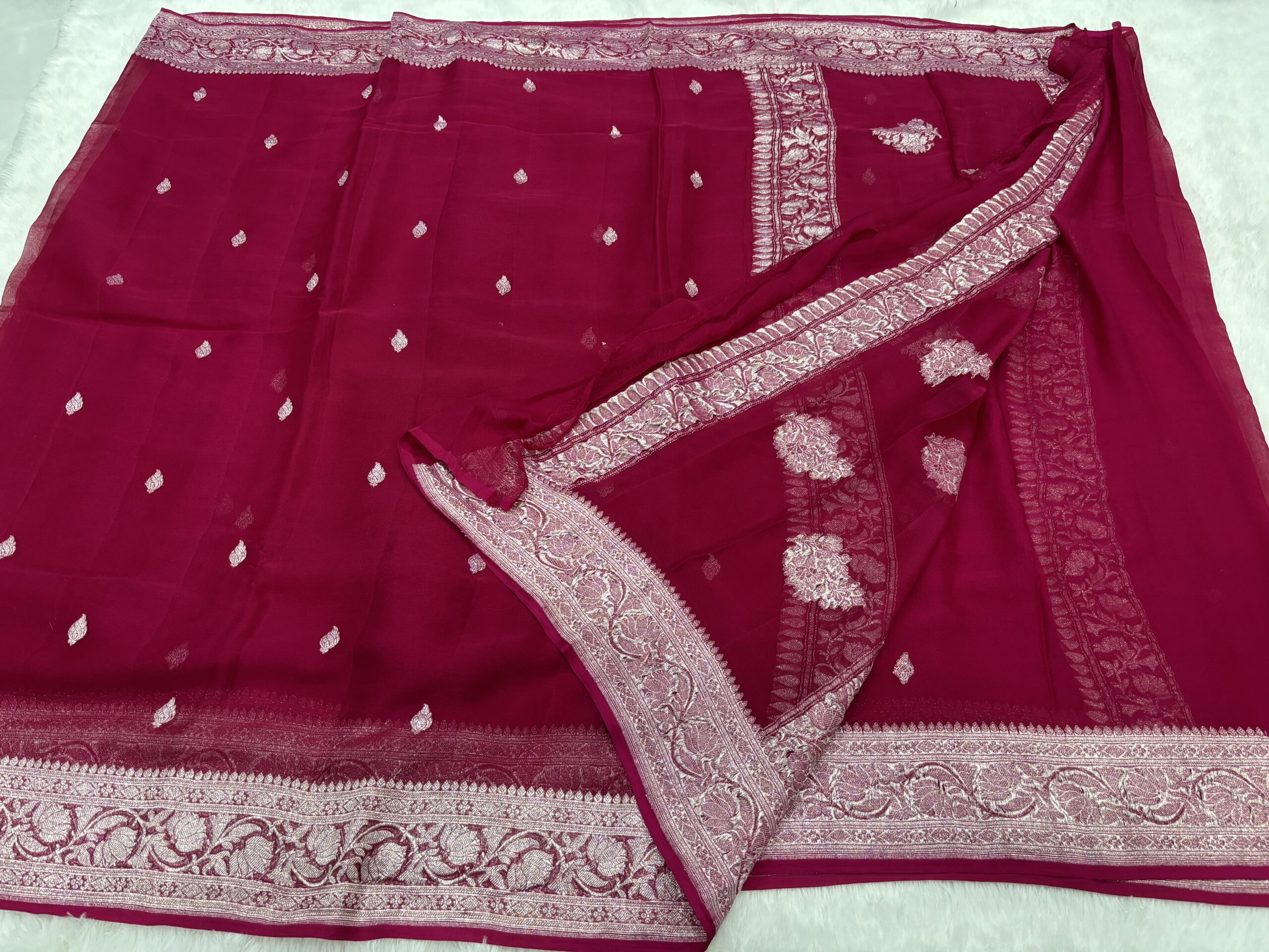 Rani Pink Khaddi Chiffon Banarasi Saree with Silver Zari Kadwa Booti - Image 8